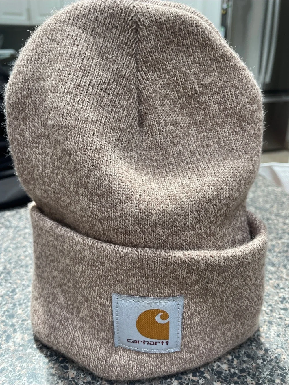 Carhartt Heathered Tan  Knit Cuffed Beanie with Gold Logo Patch